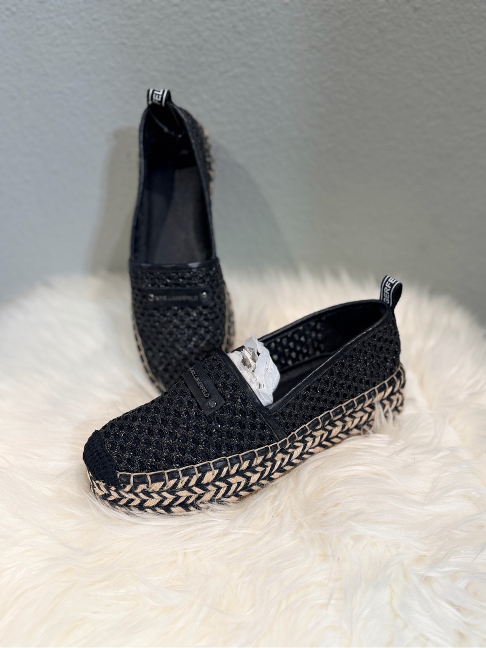 Karl Lagerfeld Katherine Black Woven Espadrille Platform Slip-On